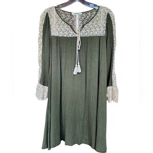Lace Boho Peasant Long Sleeve Dress Olive Green